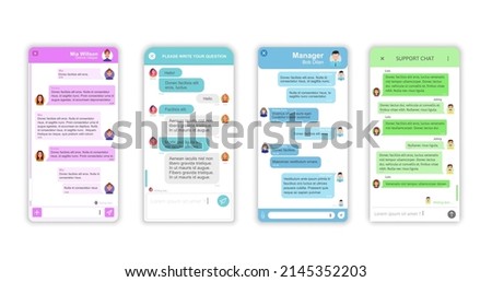 Messenger app interface, support chat window. Chatbot, company bot conversation with user or client in social network dialog window or cellphone app. Customer support or helpdesk questions answering