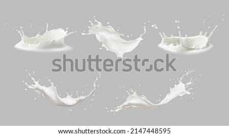 Realistic milk splashes or wave with drops and splatters. Liquid swirls and drips in shape of crown, liquid flow streams. Milky or dairy fresh product realistic 3d elements isolated set