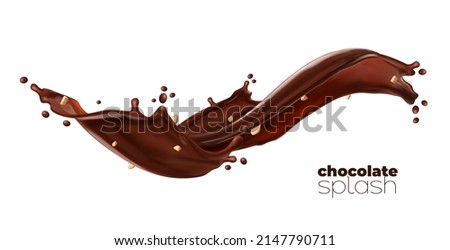 Chocolate, cocoa and coffee milk isolated flow splash with crushed peanuts, vector swirl wave. Chocolate spread cream or creamy brown choco butter splash, realistic cocoa and coffee milk drink spill