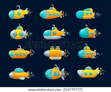 Cartoon submarine, yellow underwater ship game asset. Isolated vector sea vehicles with periscope, portholes and blades. Deep sea subs for water transportation, kids game asset