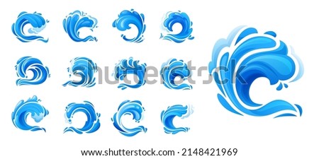 Tsunami ocean wave and surf icons. Isolated blue storm sea waves, cartoon vector crashing ocean tidal waves, hurricane or typhoon sea splashes with water foam, aqua swirls, drops and ripple