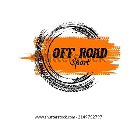 Offroad sport grunge banner. Tire tracks of race car or motorcycle wheels. Mud road tyre tread marks and dirt trails of rally truck, auto and bike, drift show and motocross off road sport