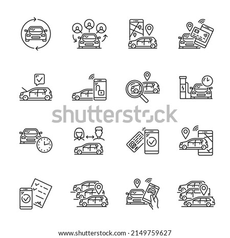 Car share service linear icons, taxi rent and vehicle sharing, vector car pool symbols. Carsharing or auto carpooling service line icons for passenger transport exchange and transport share app