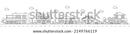 Neighborhood line art cityscape, town city street and houses, vector outline landscape. Linear houses and suburban village homes, residential, apartments and cottage buildings neighborhood cityscape