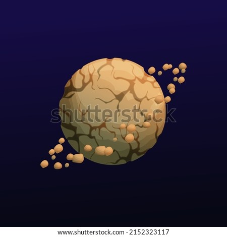 Brown space planet with cracks and stone rings, vector cartoon fantasy galaxy and alien universe game UI icon. Saturn planet with mega rings belt and craters cracks from asteroids, cosmic fantasy