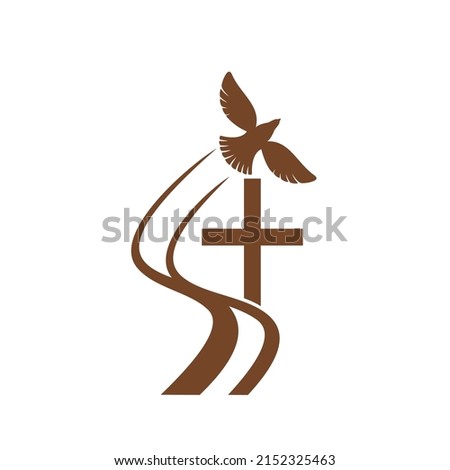 Christianity religion vector icon with flying dove and cross. Christian religious symbol of Jesus Christ crucifix and bird of peace, isolated Catholicism, Orthodox, faith and believe icon or symbol Сток-фото © 