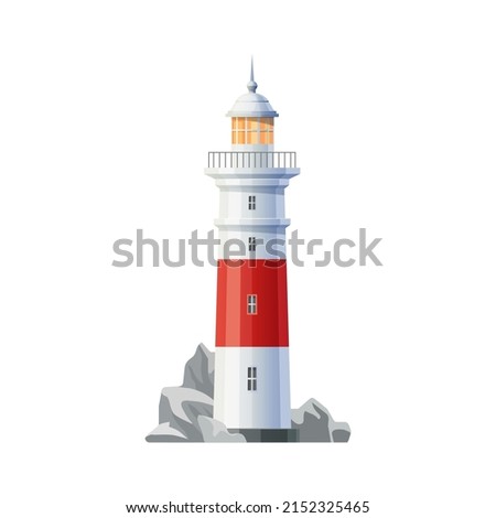 Ancient lighthouse building icon. Coastal lighthouse lantern tower, vector navigational lighthouse. Maritime travel, tourism beacon building on ocean shore with sharp rocks and stones