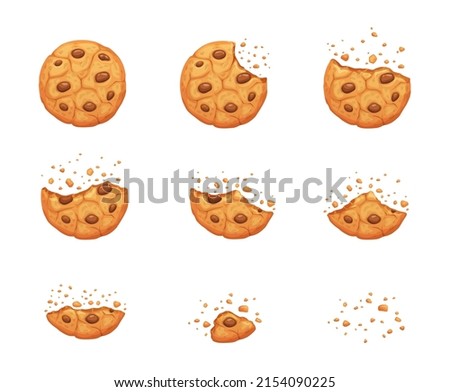 Crumble biscuit cookie animated sprite. Vector crunchy dessert with chocolate pieces whole and bitten disappear animation. Isolated homemade bakery dessert piecess for cartoon game Stock foto © 