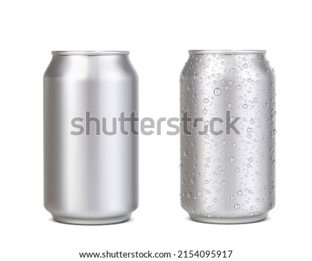 Realistic can with water drops, silver beer, soda, lemonade, juice or coffee and energy drink can, vector mockup. Aluminium can with water drops or aluminum tin bottle of beverage, isolated 3d object