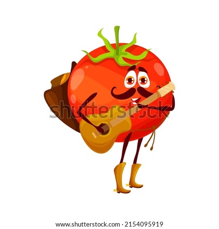 Cartoon funny cowboy tomato playing guitar, vegetable sheriff or ranger fresh character. Vector funny veggies wear hat and boots with string instrument. Isolated fantasy wild west plant personage