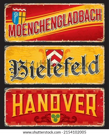 Hanover, Bielefeld, Moenchengladbach german city travel stickers and plates. European travel grungy sticker, Germany city tourism nostalgic tin sign or vintage banner with city Coat of Arms and flags