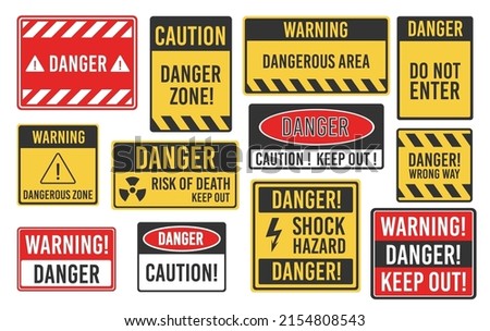 Warning, caution and dangerous area alert attention isolated vector signs and plates. Danger yellow signs for safety, hazard shock, keep out and caution warning and risk zone symbols on sign plates Imagine de stoc © 