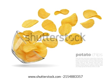 Flying ripple potato chips. Glass bowl and falling chips 3d vector crispy vegetable snacks or junk food. Isolated crunchy slices of salty chips, realistic wavy crisps in transparent plate