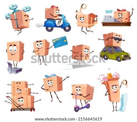 Cartoon packages and cardboard box characters. Shipping and delivery. Vector parcel personages on scooter, drone, car and trolley. Isolated funny pack weighing, cashier worker and wrapping with tape
