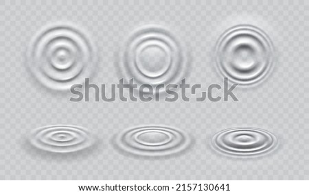 Ripple water waves top view. Realistic 3d vector caustic drop or sound splash motion effect, concentric circles in puddle. Set of round swirls on liquid surface, abstract smooth graphic aqua texture 商業照片 © 