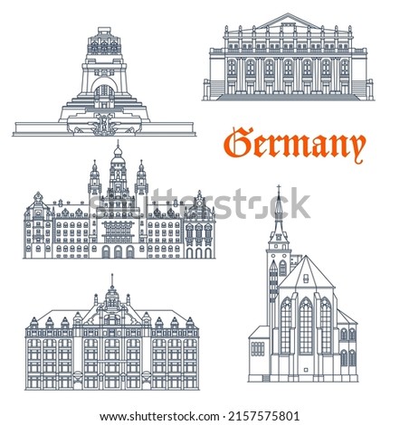 Germany, Stuttgart and Leipzig architecture buildings, travel vector landmarks. Staatsoper Stuttgart opera, Leipzig Neues Rathaus, commerzbank commercial bank and Collegiate Church of Holy Cross