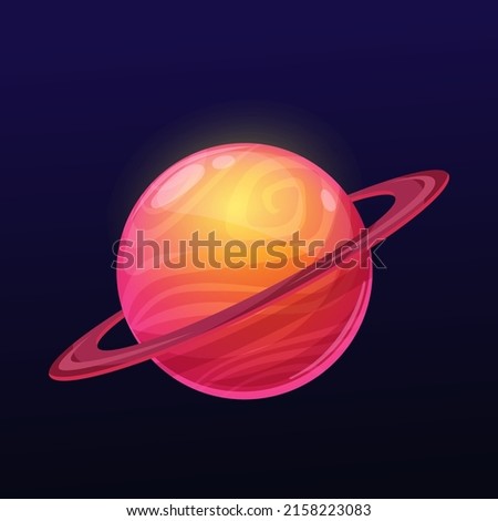 Red glossy space planet with long ring, vector fantasy galaxy universe and alien world cosmos. Space game ui or gui planet globe with orbit ring or asteroid belt on cosmic sky background