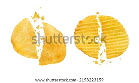 Cracked and broken potato chips with crumbs. Realistic vector crispy snack chips pieces separated on two parts. Isolated 3d crushed crunchy junk food, delicious vegetable crisp meal, fast food Foto d'archivio © 