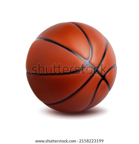 Realistic isolated basketball ball, vector sports accessory. Orange colored sphere with black stripes. Professional sport item, game equipment lying on floor with shadow, 3d object