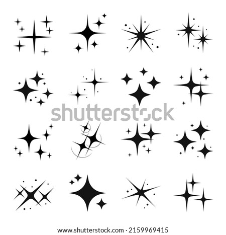 Star sparkle and twinkle, star burst and flash black silhouettes. Isolated vector set of shining lights and sparks of bright stars with glowing rays and flare effect. Magic glint, shiny glitter