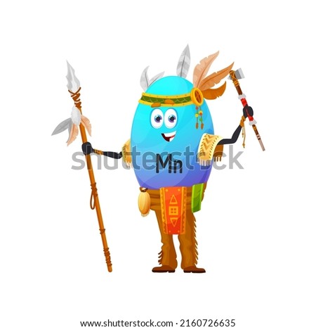 Cartoon manganese or manganum micronutrient indian character. Isolated vector native american wild west Mn vitamin element personage wear feather tribal headband and cherokee costume hold axe or spear