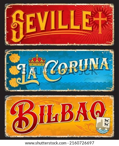 Seville, La Coruna, Bilbao Spanish travel stickers and plates, vector luggage tags. Spain cities landmarks on tin signs and grunge plates with state flags, symbols and emblems of Basque country