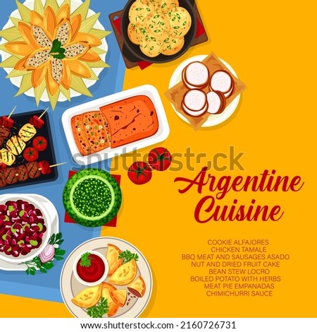 Argentina food menu cover, Argentine cuisine dishes and meals, vector. Argentinian restaurant lunch and dinner poster with empanadas, BBQ grill and meat pie, bean stew, chicken tamale and chimichurri