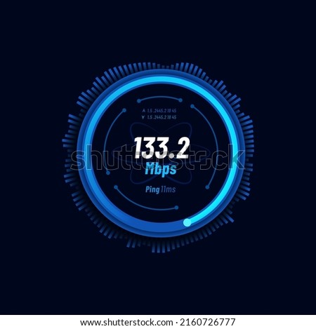 Futuristic internet speed meter dial, network connection fast test, vector website speedometer. Interned high speed download meter or web server mbps upload and ping gauge with blue neon glow