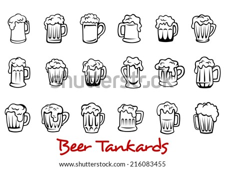 Outline pint tankards set of frothy beer isolated on white background, suitable for pub, Oktoberfest and bar design 