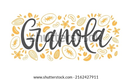 Granola cereal food label, oatmeal bread or oat grain muesli, vector. Granola or healthy breakfast of seeds, nuts and dry fruits snack package design, food label in doodle drawing