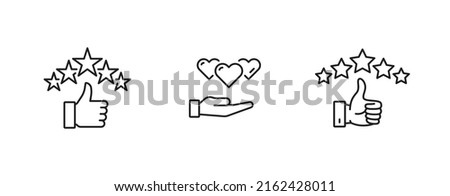 Rating icons, five stars review and thumb up of customer good rate. Vector 5 star rating symbols for best quality or like hearts of satisfaction, and positive survey or feedback opinion rate