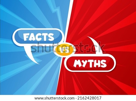 Myths vs facts, truth and false or true and fiction fake, vector background. Myths vs facts and truth or false buster popup bubbles with true and false quiz game on red and blue background