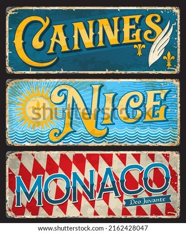 Cannes, Nice, Monaco French city travel stickers and plates, vector luggage tags and tin signs. France city landmarks and sightseeing symbols or flags of French prefecture capitals