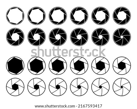 Camera lens diaphragm aperture icons, animation of shutter, vector photography. Photo camera lens diaphragm and aperture focus, animated film video objective opening and zoom snap for app