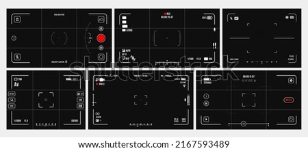 Video and photo camera viewfinder screen or display frames, vector cam rec and focus. Video or photo camera viewfinder overlay with interface grid for picture capture on digital camcorder screen