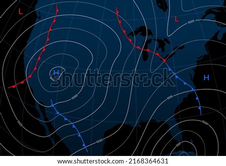 Forecast weather isobar map, meteorology wind front vector diagram. Synoptic chart of surface weather analysis with atmospheric pressure isobars, temperature isotherms and cold front boundary