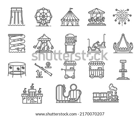 Amusement park playground with funfair carousel, rollercoaster and roundabout, vector outline icons. Amusement park rides, aquapark slides and circus funfair carnival entertainment attractions