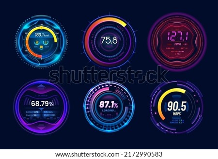 Car speedometer gauges with neon light panel and dials, vector dashboard indicators on tachometer. Speed meter mph gauges in blue purple neon with loading bars, battery, fuel and velocity level scales