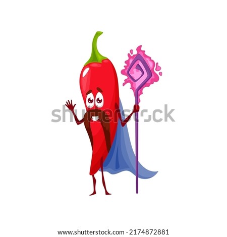 Cartoon red chili pepper magician character, vector funny veggie . Kids funny cute vegetable, hot chilli pepper as wizard or sorcerer with magic wand or power stick