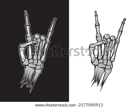 Hand bone tattoo, victory gesture of skeleton hand, vector peace sign. Hard rock finger bones in victory symbol, rockers or heavy metal skeleton death rising V sign for t-shirt print