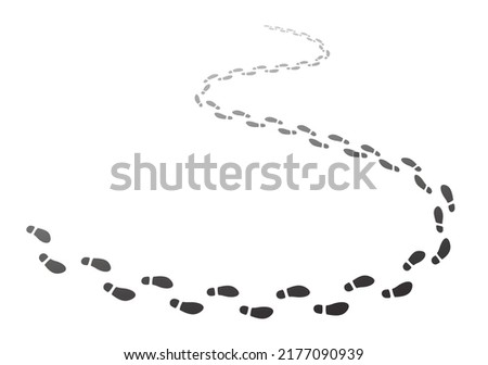 Walking footsteps trace, footprint trail of shoes of foot step prints, vector walk track. Human footsteps path background with black boots footpath or hiking shoeprint pattern on white
