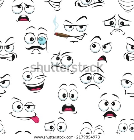 Smile face pattern, funny emoticons and happy emoji, vector seamless background. Cute smile characters pattern of cartoon kawaii emoticons laugh or scared, smoking cigar and with monocle or tongue out