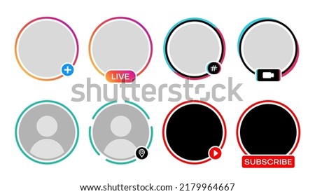 Social media avatar frames, live video icons for story, vector gradient circle templates. Social media user profile or avatar frame for broadcast stream with subscribe, play and hashtag tags