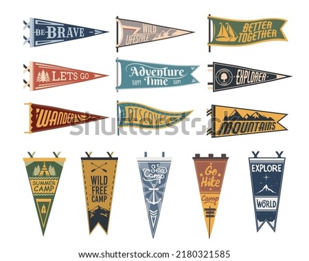 Camping pennant flags, camp pendants for adventure sport and travel hiking, vector. Varsity scout camping or university camper pennant flags, mountain tourism, campfire and sea camp anchor ストックフォト © 