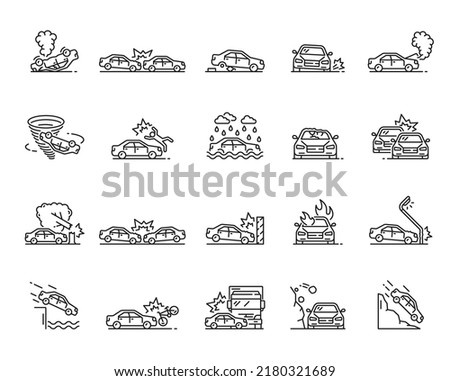 Car accident, collision and damage in natural disaster thin line icon set. Vehicle accident, traffic rules violation or automobile damage in road crash insurance cover outline vector sign or pictogram