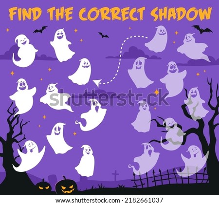 Find correct shadow, Halloween ghosts on cemetery, vector kids puzzle game. Find similar shadow silhouette or search riddle with funny cartoon ghoul ghosts and Halloween pumpkin lanterns