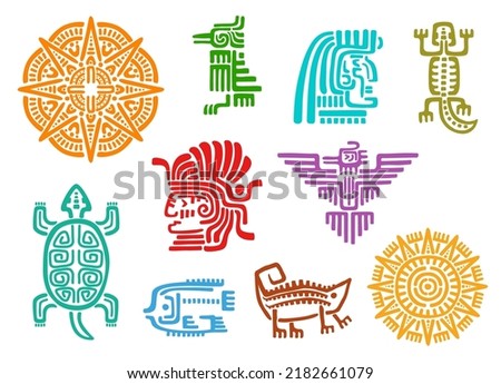 Mayan aztec totems, vector animal, bird, sun and god tribal ethnic symbols. Ancient mexican lizard, fish, turtle and crow, star, eagle and native indian or inca idol head with mayan aztec pattern