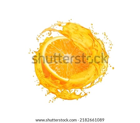 Orange fruit slice with juice splash. Fresh citrus fruit juice realistic vector swirl or splash, healthy vitamin drink whirl droplets. Isolated summer beverage, orange fruit juice whirl flying ripples