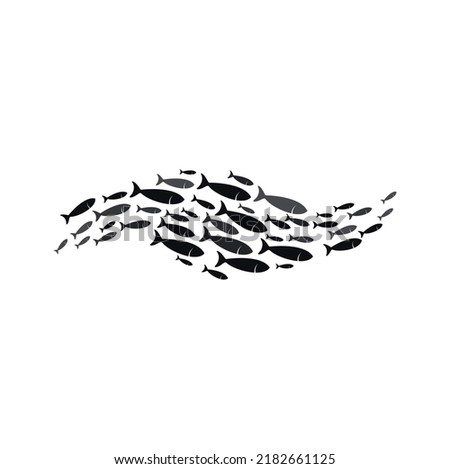 Silhouette of group of sea fishes, isolated shoal and fish school icon. Vector school of fish swimming, shoaling and schooling in sea or ocean