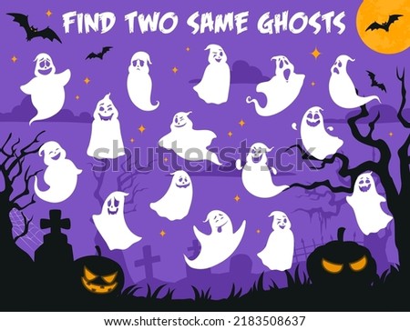 Find two same Halloween ghosts on cemetery, vector game worksheet. Kids logic puzzle brainteaser or riddle game to match and find similar cartoon funny ghoul ghosts on Halloween graveyard